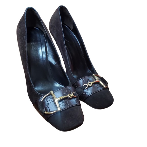 Gucci Horsebit Accented Suede and Embossed Leather Pumps Heels Guccissima 7.5 B - Picture 7 of 16